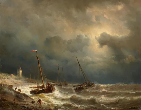 Segelschiffe an einer stürmischen Küste av Andreas Achenbach
