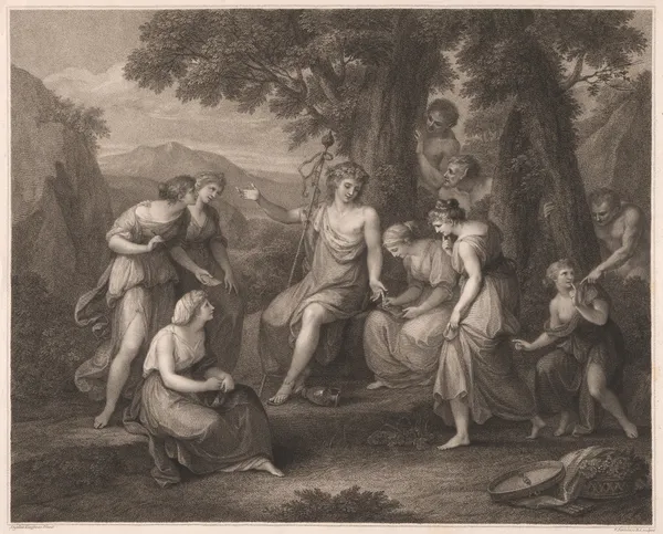 Bacchus amidst Solitary Rocks teaching the Nymphs to make Verses av Angelica Kauffmann