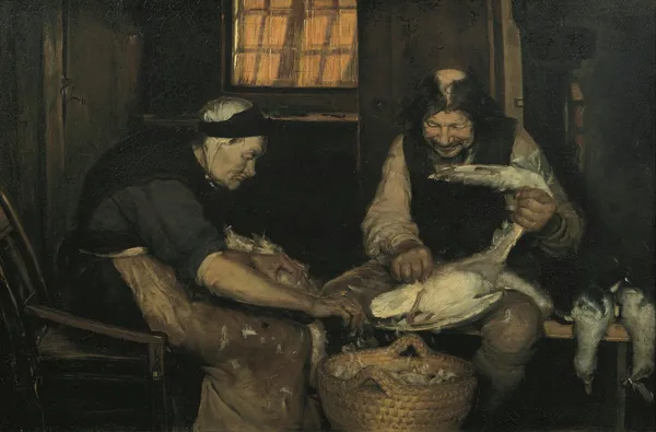Old couple plucking gulls. Lars Gaihede and old Lene av Anna Ancher