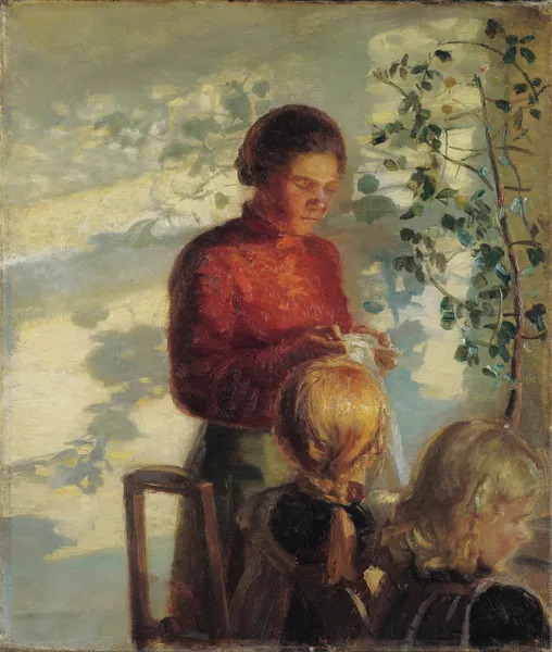Two little girls being taught how to sew av Anna Ancher