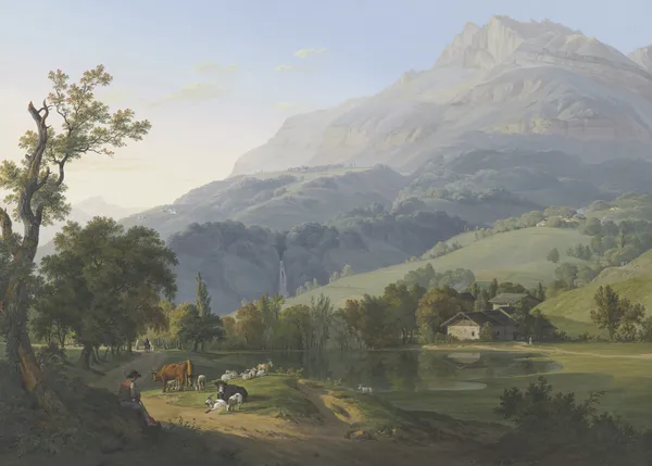 Vue de l’Aiguille de Varens de la Cascade de Chêde, & du Village de ce même nom, prise Sur la route de Chêde au pont des Chèvres av Jean-Antoine Linck