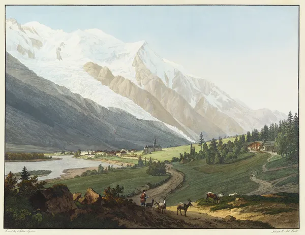 Vue du Prieuré de Chamouni, du Mont-Blanc, de l’Aiguille du Gouté, et du Glacier des Buissons av Jean-Antoine Linck