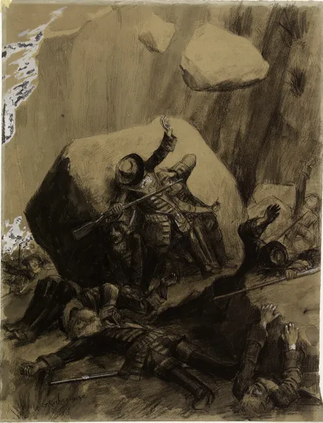 Quartiers de rocs jetés sur les arquebusiers de Munckholm av Georges Antoine Rochegrosse