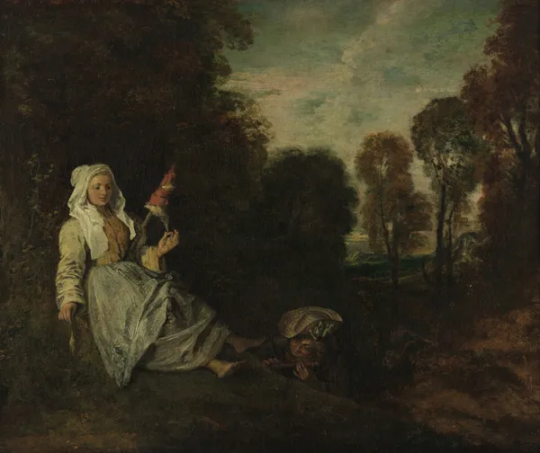 Evening Landscape with Spinner, 1713 av Jean-Antoine Watteau