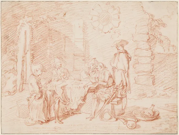 Soldiers Playing Cards in a Ruin av Jean-Antoine Watteau