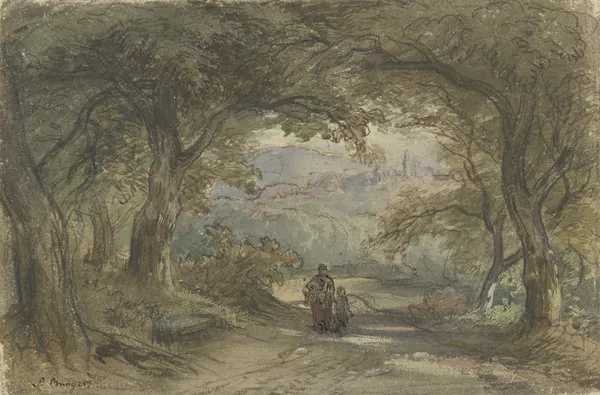 Waldweg mit Ausblick auf ein Dorf av Anton Burger