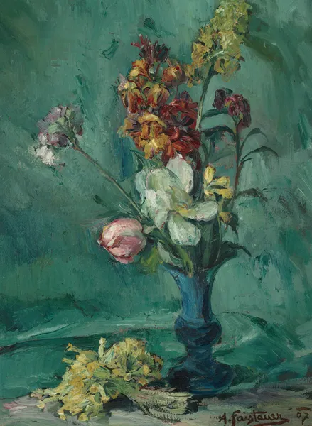Blumen in blauer Vase und Schlüsselblumenstrauß av Anton Faistauer