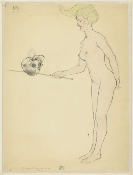 Standing naked woman with a stick and a skull av Armand Rassenfosse