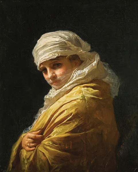 Young woman in a white turban av Frederick Arthur Bridgman
