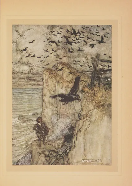 …Corneilles â tète rousse qui, au coup de fusil, s’enlévent en croassant av Arthur Rackham
