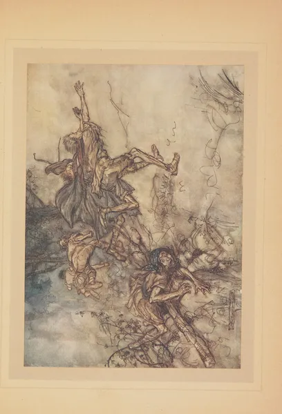 Oh! monstrueux! Oh! étrange! nous sommes ensorcelés! Recitons nos prières, messieurs; fuyons, messieurs. Au secours! av Arthur Rackham
