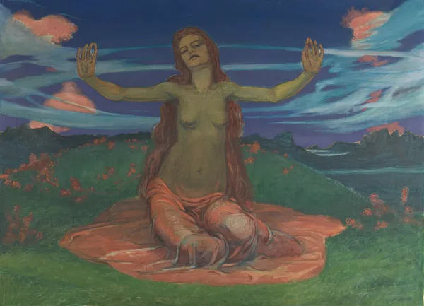 Frau auf Wiese ‘Erwachen’ av August Babberger