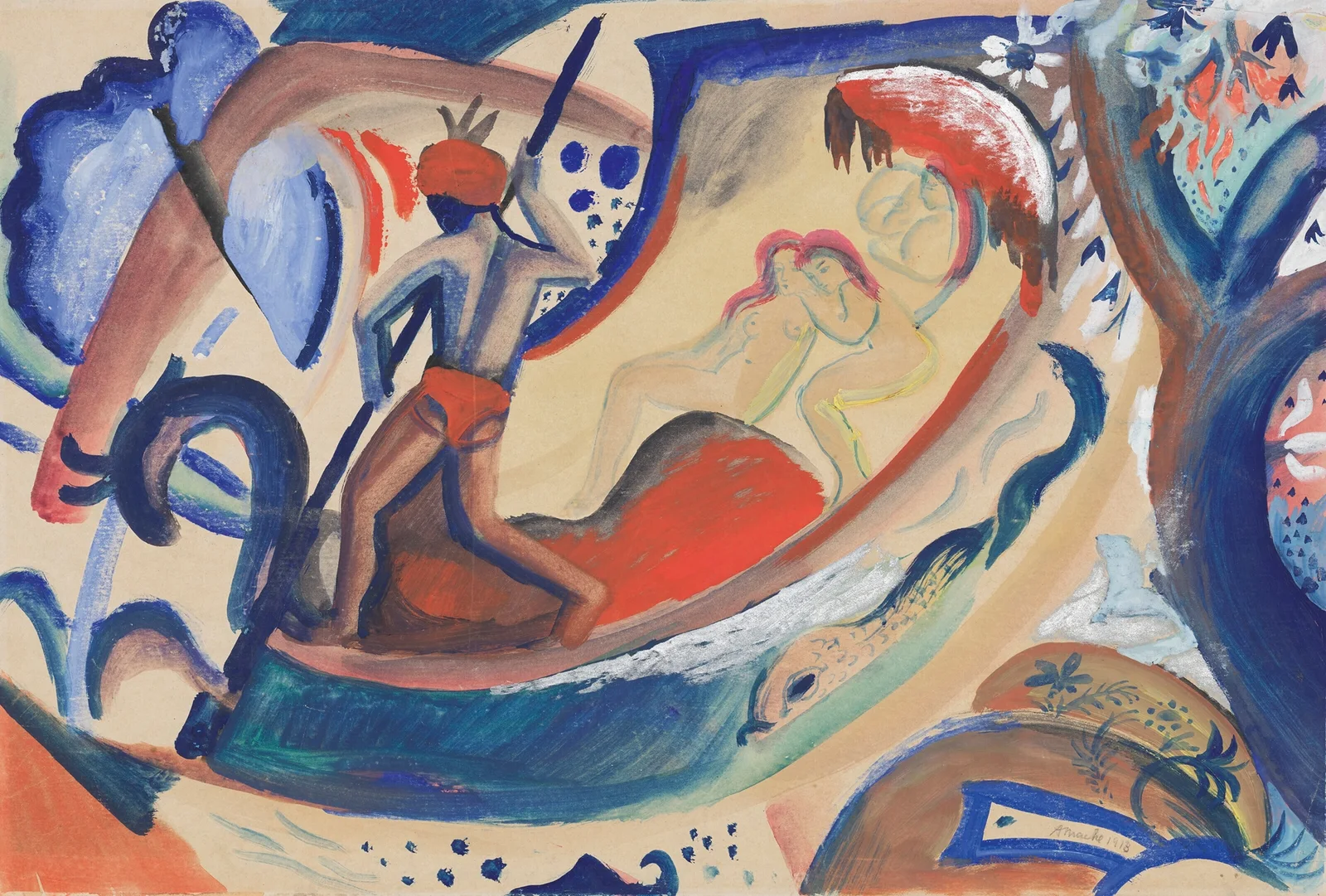 Nackte Mädchen in der Barke av August Macke