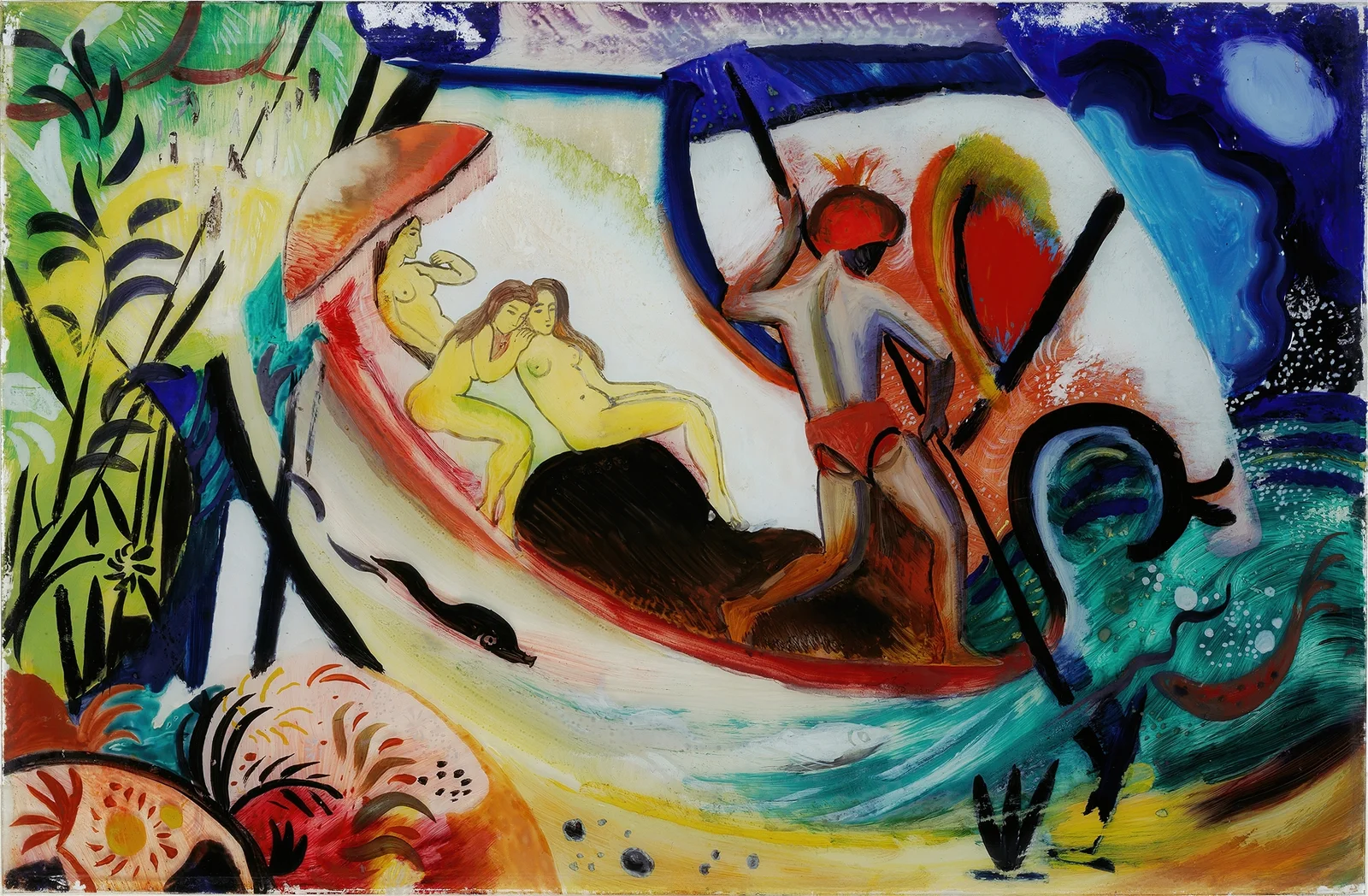 Three Girls in a Barque av August Macke