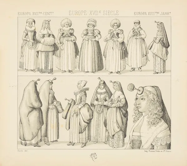 Angleterre, Brabant, Allemagne et France – costumes feminins 1640-1650 – les dames houppes av Auguste Racinet
