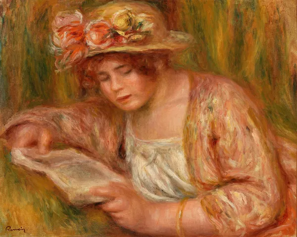 Andrée in a Hat, Reading (Andrée en chapeau, lisant) av Pierre-Auguste Renoir