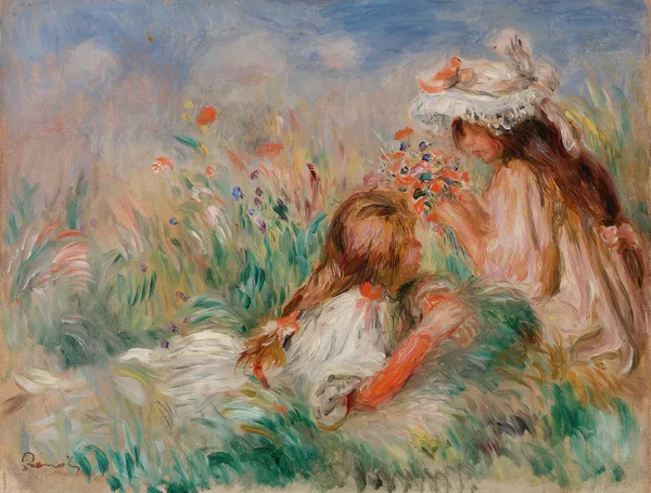 Girls in the Grass Arranging a Bouquet (Fillette couchée sur l’herbe et jeune fille arrangeant un bouquet) av Pierre-Auguste Renoir