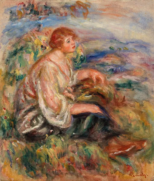 Woman in Tulle Blouse and Black Skirt (Femme en blouse de tulle et en jupe noire dans un paysage) av Pierre-Auguste Renoir