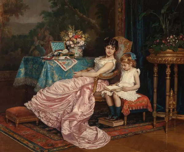 A mother and daughter reading av Auguste Toulmouche