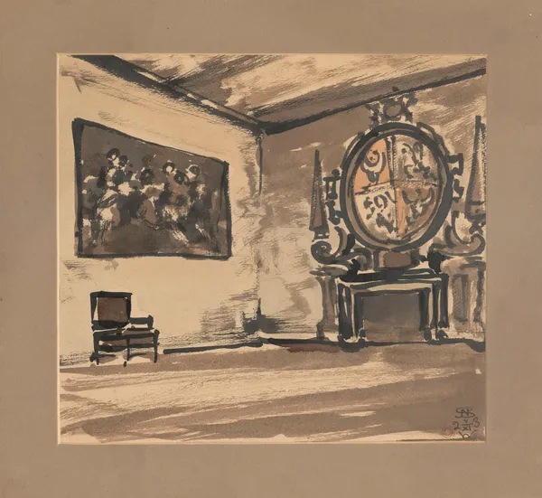Castle hall from the Vasa era, with a fireplace and painting av Stanisław Noakowski
