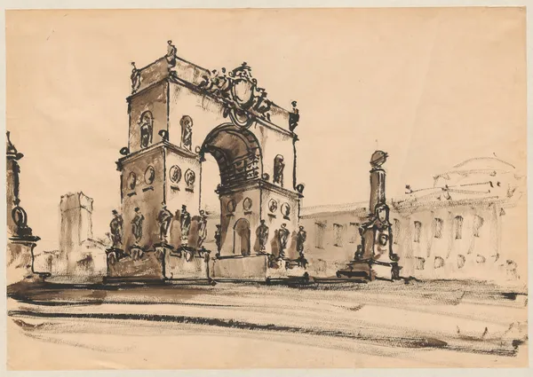 Design of the triumphal gate at the entry to Poniatowski bridge against the background of the building of the National Museum in Warsaw av Stanisław Noakowski