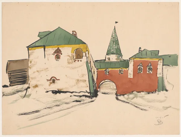 Monastery buildings with a gate and tower av Stanisław Noakowski