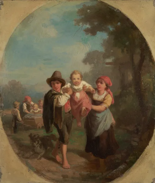 Italian children at play with dog av Johann Baptist Kirner
