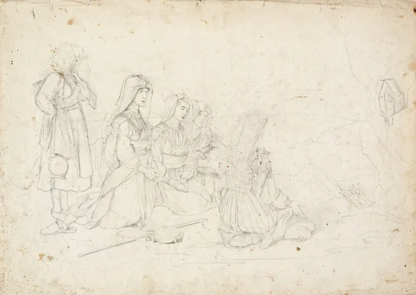 Italian peasants at prayer in front of a wayside shrine av Johann Baptist Kirner