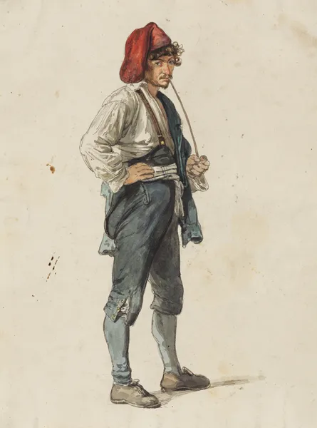 Italiener mit roter Zipfelmütze, eine langstielige Pfeife rauchend av Johann Baptist Kirner