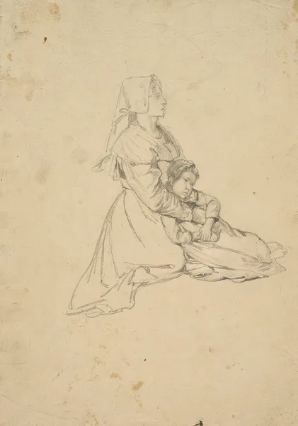 Kneeling Italian girl, holding her daughter av Johann Baptist Kirner