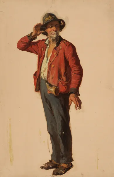 Nach rechts stehender Mann mit Hut und roter Jacke av Johann Baptist Kirner