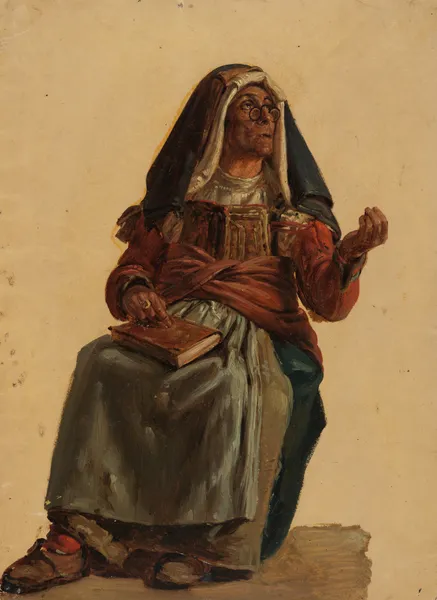 Sitzende alte Italienerin mit einem Buch im Schoß av Johann Baptist Kirner