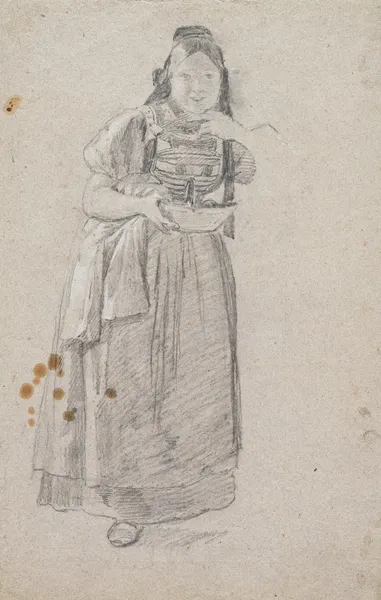 Young Black Forest woman, listening (with sewing box and blouse) av Johann Baptist Kirner