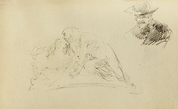Etude de deux personnes enlacées et d’un buste d’homme portant un chapeau av Jean-Baptiste Carpeaux