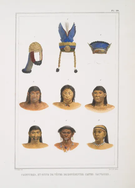 Coiffures, et suite de têtes de différentes castes sauvages av Jean Baptiste Debret