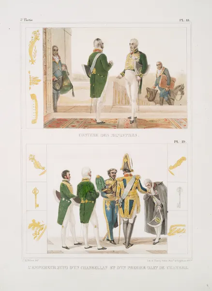 Costume des ministres; L’Empereur suivi d’un chambellan et d’un premier valet de chambre av Jean Baptiste Debret