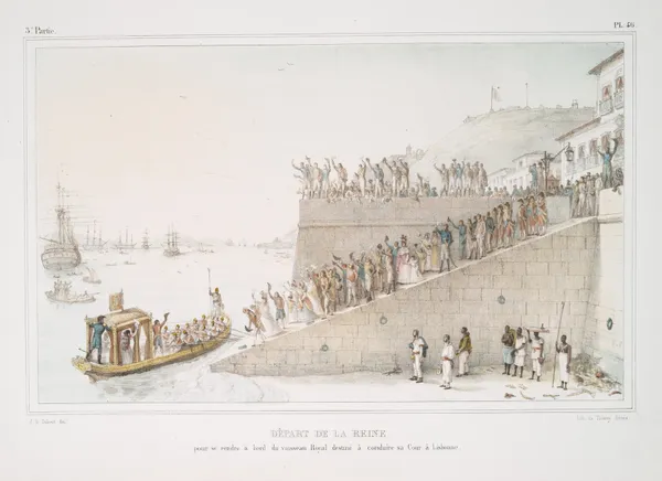Départ de la reine pour se rendre à bord du vaisseau Royal destiné à conduire au Court à Lisbonne. av Jean Baptiste Debret