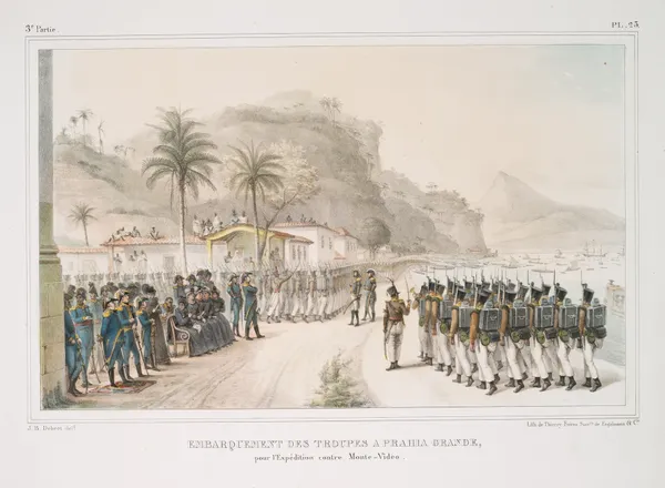 Embarquement des troupes à Prahia-Grande, pour l’expédition contre Monte-Video av Jean Baptiste Debret