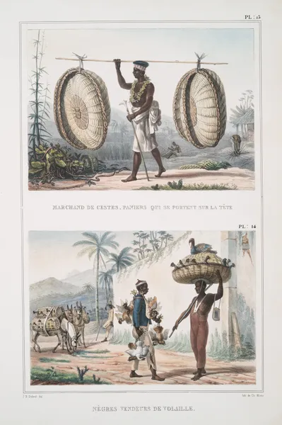 Marchand de cestes [cestos], paniers qui portent sur la tête; Nègres vendeurs de volaille av Jean Baptiste Debret