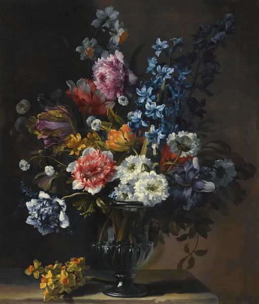 A Still Life With Tulips, A Hyacinth And Other Flowers In A Glass Vase On A Stone Plinth av Jean-Baptiste Monnoyer
