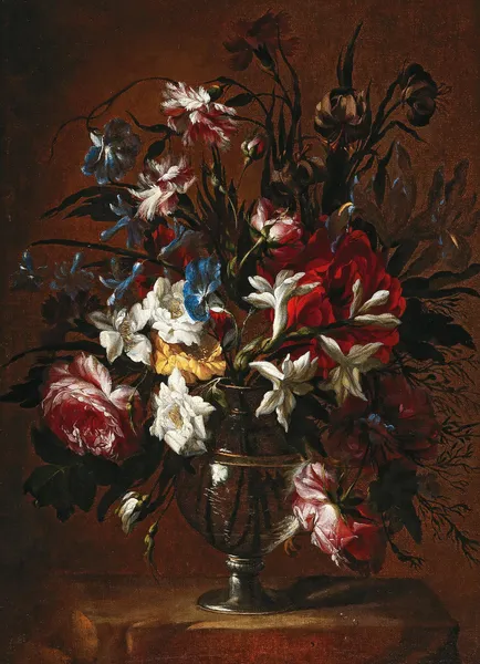 Carnations, roses, lilies and other flowers in a vase on a ledge av Jean-Baptiste Monnoyer