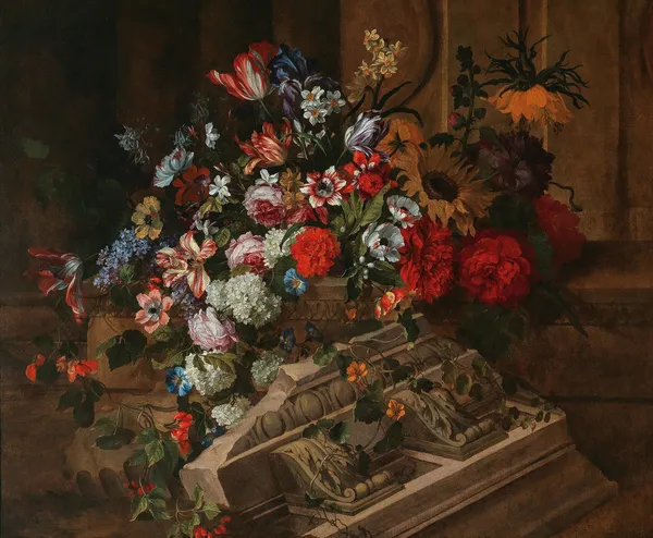 Flowers near a classical cornice on a terrace av Jean-Baptiste Monnoyer