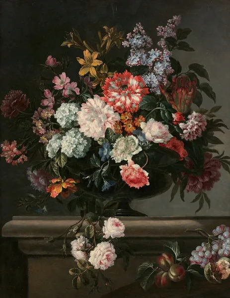 Vase de fleurs et fruits sur un entablement av Jean-Baptiste Monnoyer
