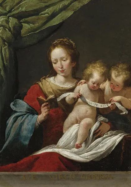 The Madonna Reading, With The Christ Child And Infant Saint John The Baptist av Bernardo Strozzi