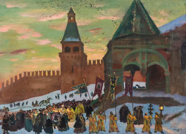 Procession by St Basil’s Cathedral, Moscow av Boris Kustodiev