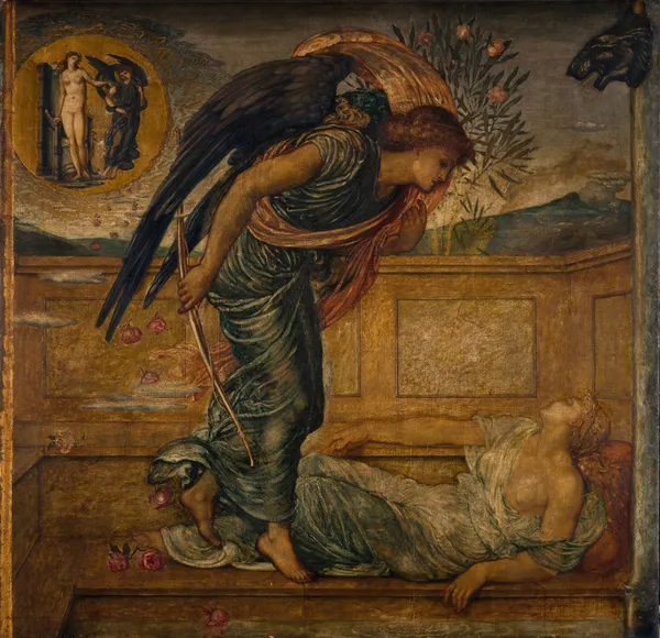 Cupid Finding Psyche Asleep by a Fountain av Sir Edward Coley Burne-Jones
