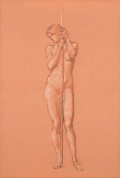 Nude study for attendant figure holding a spear in The Sleep of Arthur in Avalon av Sir Edward Coley Burne-Jones