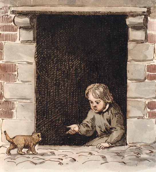 En dreng, der sidder i en kælderdør, lokker for en hundehvalp av P. C. Skovgaard
