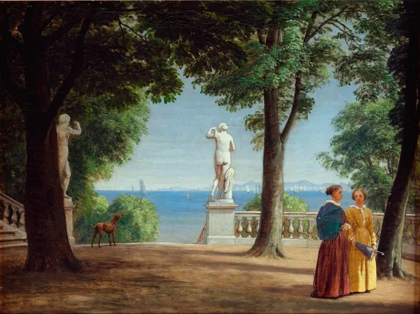 View towards Kullen from a garden terrace with statues av P. C. Skovgaard