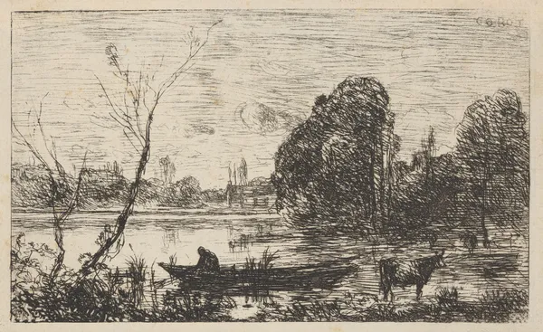Avray Town; Pond with boatman (Effect of evening) av Jean-Baptiste-Camille Corot
